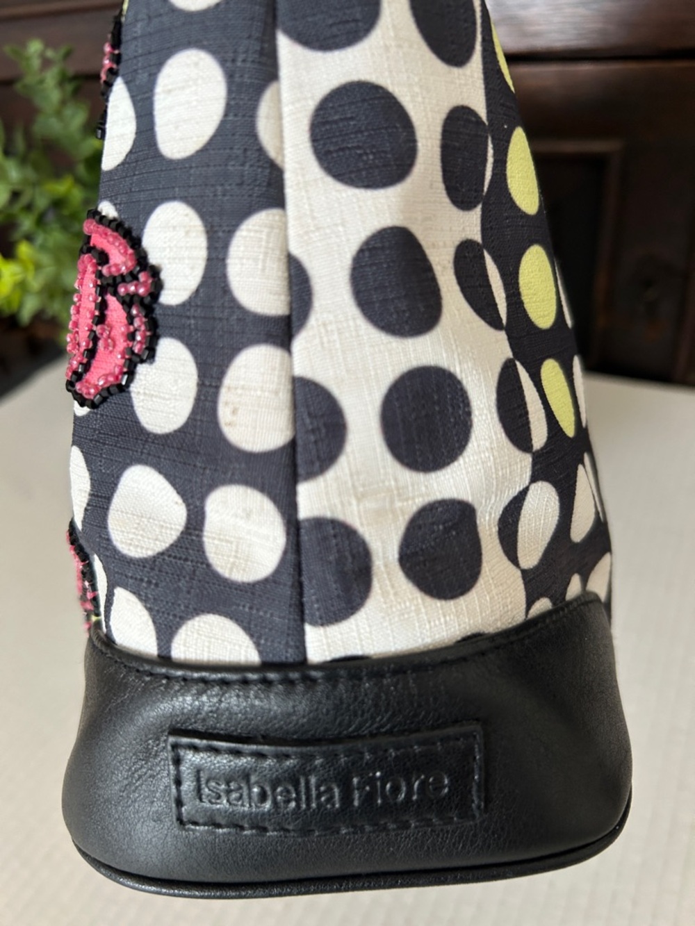 Isabella Fiore Black Polka Dot Floral Shoulder Bag - Pink Flower Accent - Picture 5 of 13